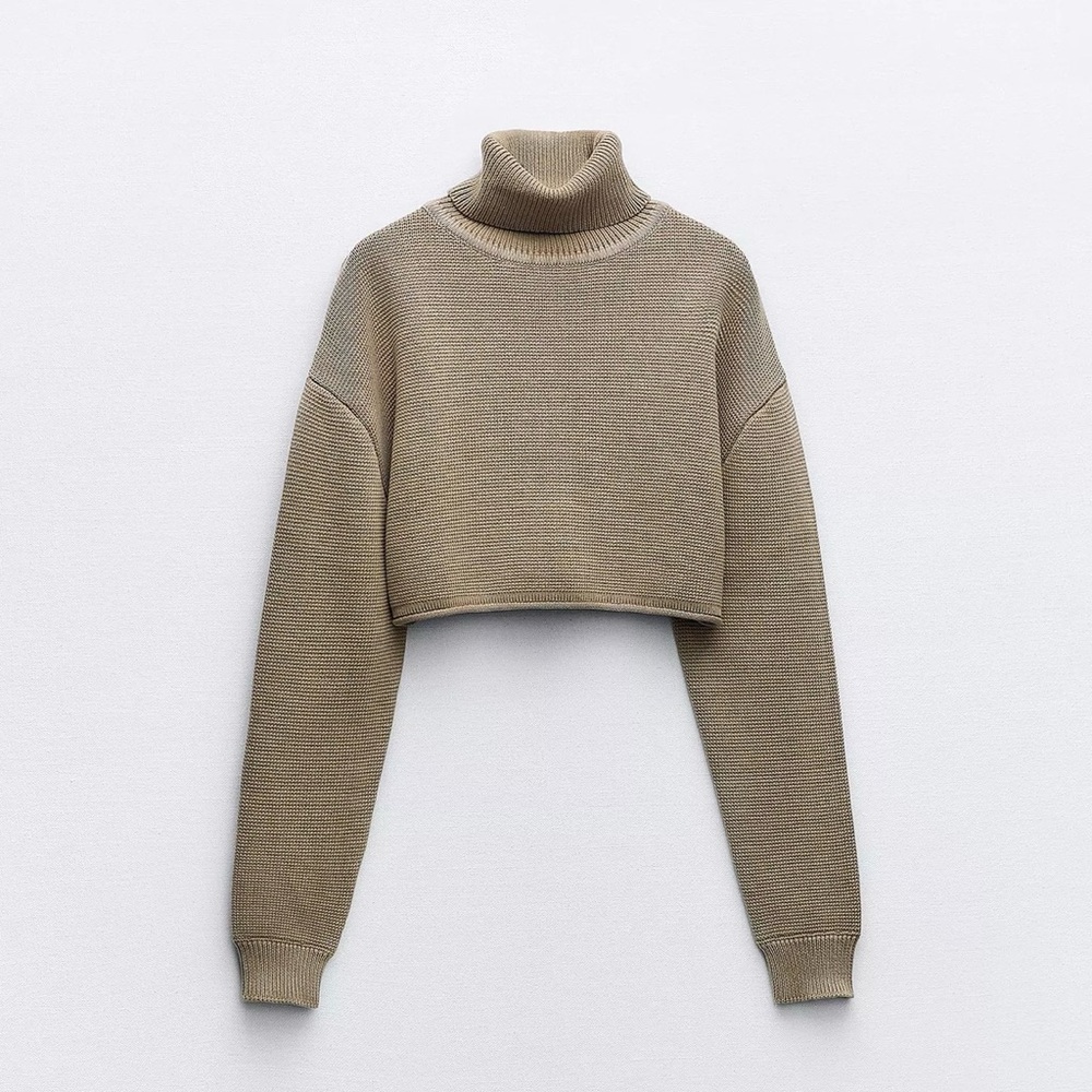 ZARA NWT Acid Wash Crop Knit Women's Brown Turtleneck Sweater Size L